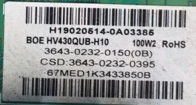 KIT DE TARJETAS PARA SMAR TV VIZIO 4K / MAIN FUENTE 3643-0232-0150 / TP.MT5597.PC768 / 3643-0232-0395 / T-CON 44-9771497O / HV430QUBH10 / 47-6021275 / DISPLAY HV430QUB-H10 / MODELO V435-G0 LAUFQE - Imagen 2